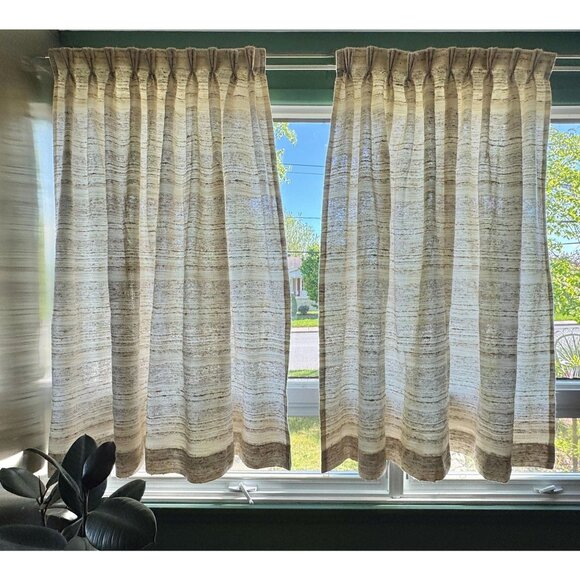 Vintage 70s curtains, tan, cream, brown stripes,  pleated, price for 1 pair - Picture 1 of 10